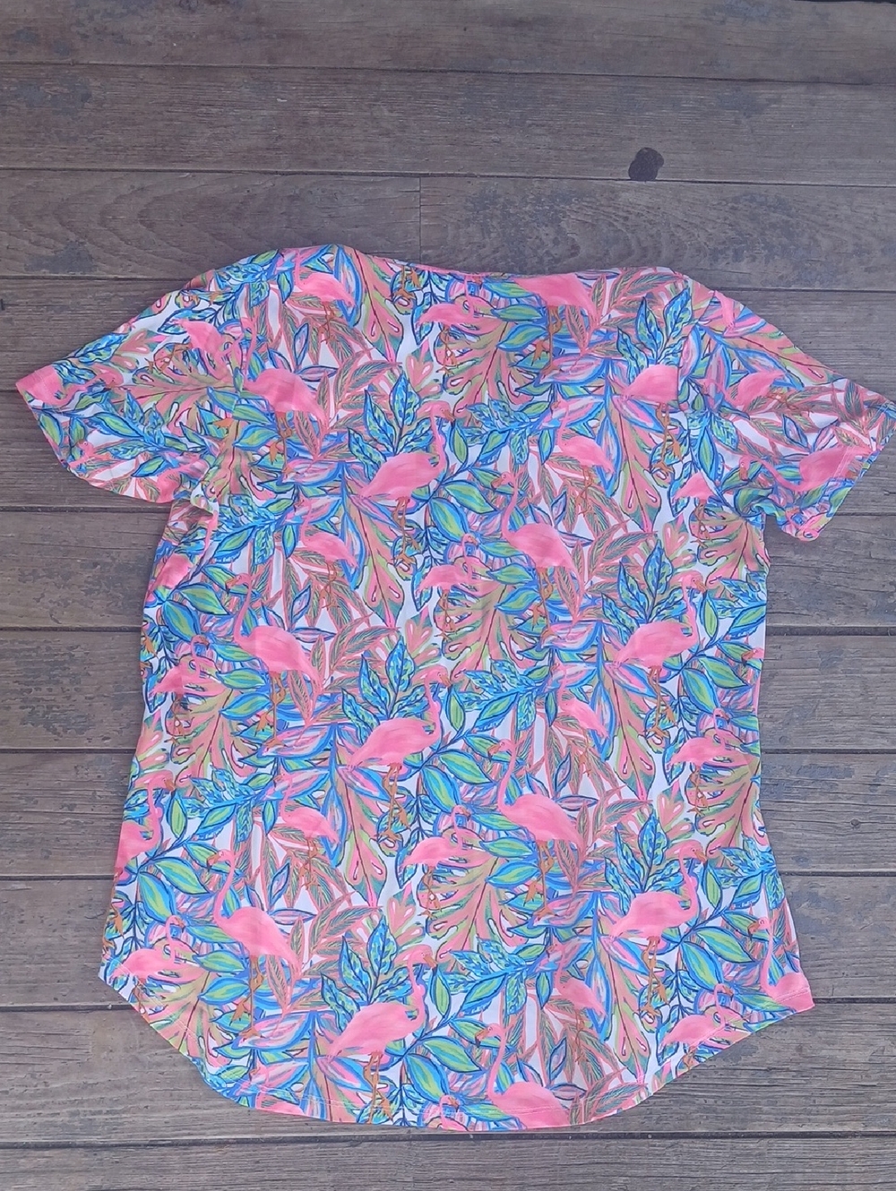 Lulu-B Pink Flamingo Tropical Leaf V-Neck Blouse - Picture 4 of 6